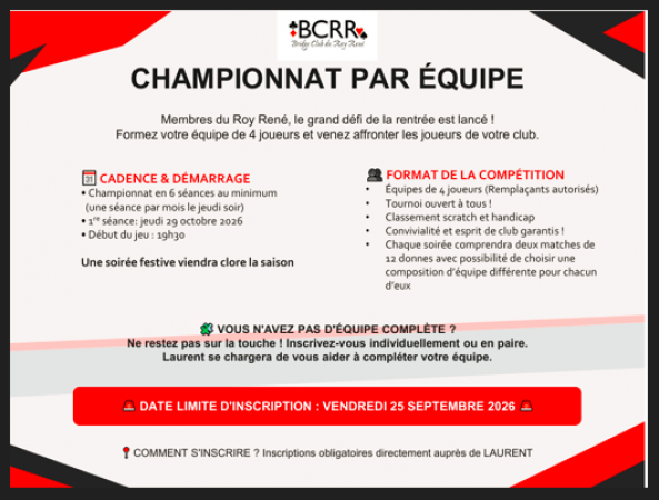 CHAMPIONNAT DU BCRR PAR EQUIPE, PROLONGATION DU DELAI D'INSCRIPTION JUSQU'AU 29 OCTOBRE